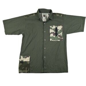 BOOM-X Shirt Mens XL Green Camo Utility Short Sleeve Button Up Korea Pockets